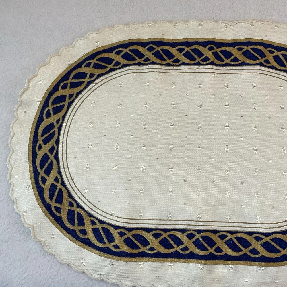 Lenox Hamilton Oval Placemats Cloth Set Of 2 Ivory Gold Navy Blue Vintage Lot #3